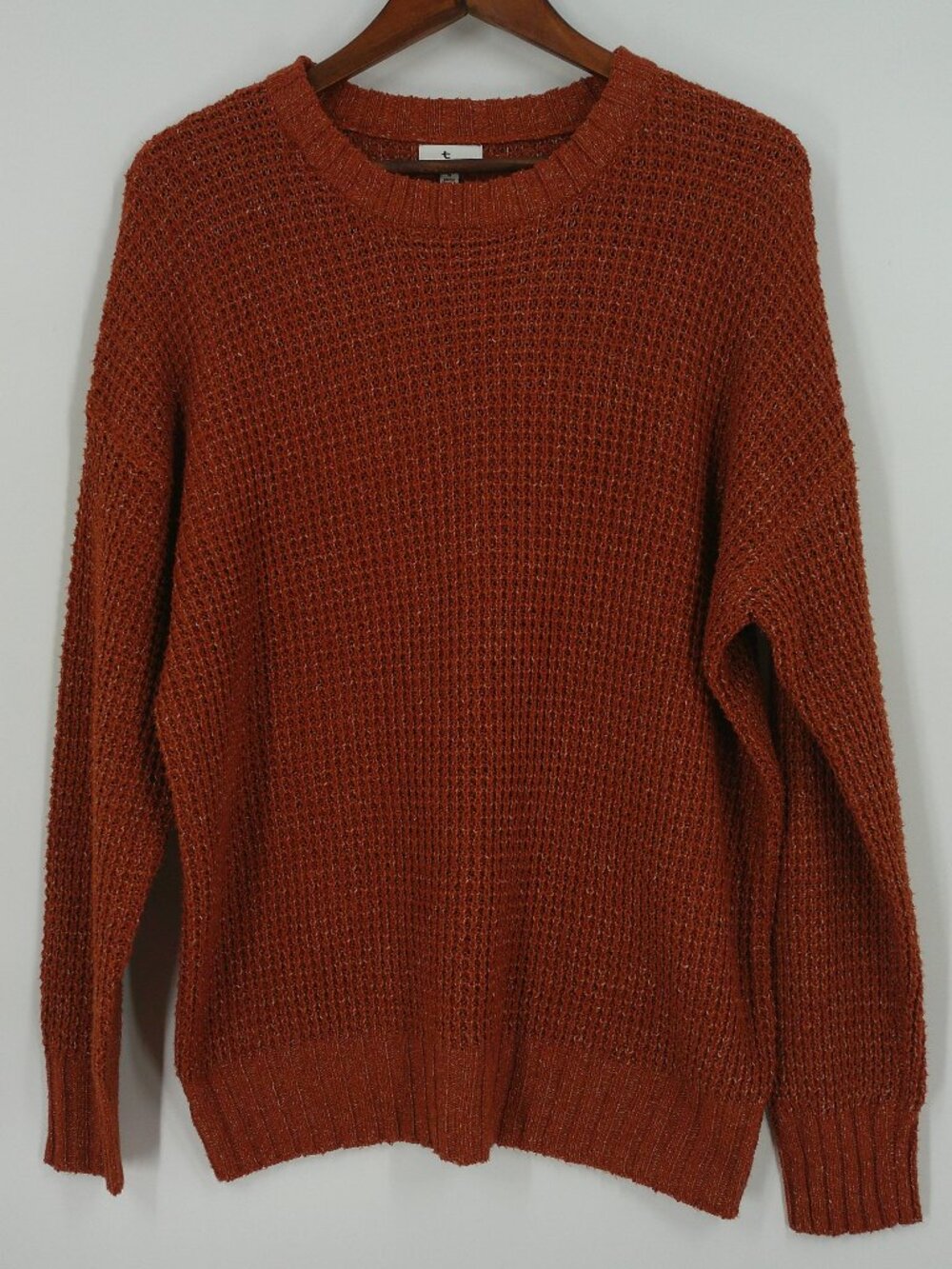 TRUE CRAFT Rust Waffle Knit Crewneck Sweater Burnt Orange Textured Pullover Fall